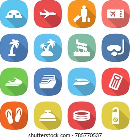 flat vector icon set - dome house vector, plane, passenger, ticket, palm, island, aquapark, diving mask, jet ski, cruise ship, yacht, inflatable mattress, flip flops, service bell, pool