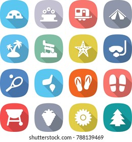 flat vector icon set - dome house vector, flower bed, trailer, tent, island, aquapark, starfish, diving mask, tennis, golf, flip flops, slippers, bbq, berry, spruce