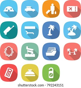flat vector icon set - dome house vector, car baggage, passenger, ticket, suitcase, lounger, palm, island, hawaiian wreath, aquapark, cruise ship, hammock, inflatable mattress, service bell
