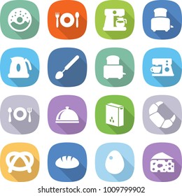 flat vector icon set - donut vector, cafe, coffee maker, toaster, kettle, big spoon, fork plate, meal cap, cereals, croissant, pretzel, bread, egg, cheese