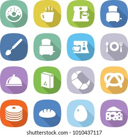 flat vector icon set - donut vector, hot drink, coffee maker, toaster, big spoon, fork plate, meal cap, cereals, croissant, pretzel, pancakes, bread, egg, cheese