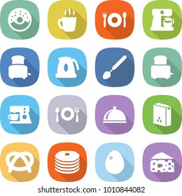 flat vector icon set - donut vector, hot drink, cafe, coffee maker, toaster, kettle, big spoon, fork plate, meal cap, cereals, pretzel, pancakes, egg, cheese
