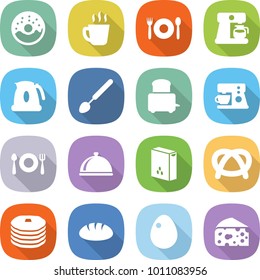 flat vector icon set - donut vector, hot drink, cafe, coffee maker, kettle, big spoon, toaster, fork plate, meal cap, cereals, pretzel, pancakes, bread, egg, cheese