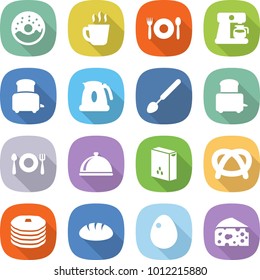 flat vector icon set - donut vector, hot drink, cafe, coffee maker, toaster, kettle, big spoon, fork plate, meal cap, cereals, pretzel, pancakes, bread, egg, cheese