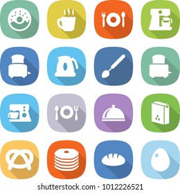 flat vector icon set - donut vector, hot drink, cafe, coffee maker, toaster, kettle, big spoon, fork plate, meal cap, cereals, pretzel, pancakes, bread, egg