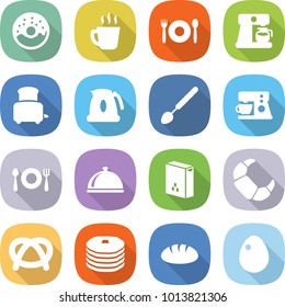 flat vector icon set - donut vector, hot drink, cafe, coffee maker, toaster, kettle, big spoon, fork plate, meal cap, cereals, croissant, pretzel, pancakes, bread, egg