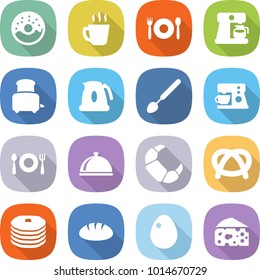 flat vector icon set - donut vector, hot drink, cafe, coffee maker, toaster, kettle, big spoon, fork plate, meal cap, croissant, pretzel, pancakes, bread, egg, cheese