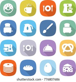 flat vector icon set - donut vector, hot drink, cafe, coffee maker, toaster, kettle, big spoon, fork plate, meal cap, pretzel, pancakes, bread, egg, cheese
