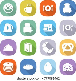 flat vector icon set - donut vector, hot drink, cafe, toaster, kettle, coffee maker, fork spoon plate, meal cap, cereals, croissant, pretzel, pancakes, bread, egg, cheese