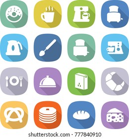 flat vector icon set - donut vector, hot drink, coffee maker, toaster, kettle, big spoon, fork plate, meal cap, cereals, croissant, pretzel, pancakes, bread, cheese