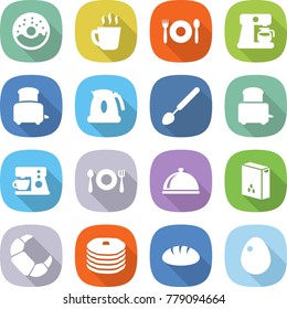 flat vector icon set - donut vector, hot drink, cafe, coffee maker, toaster, kettle, big spoon, fork plate, meal cap, cereals, croissant, pancakes, bread, egg