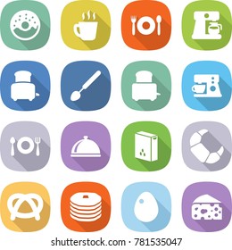 flat vector icon set - donut vector, hot drink, cafe, coffee maker, toaster, big spoon, fork plate, meal cap, cereals, croissant, pretzel, pancakes, egg, cheese