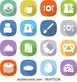 flat vector icon set - donut vector, hot drink, cafe, coffee maker, toaster, kettle, big spoon, fork plate, meal cap, cereals, croissant, pretzel, pancakes, bread, egg, cheese