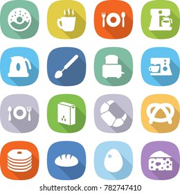 flat vector icon set - donut vector, hot drink, cafe, coffee maker, kettle, big spoon, toaster, fork plate, cereals, croissant, pretzel, pancakes, bread, egg, cheese