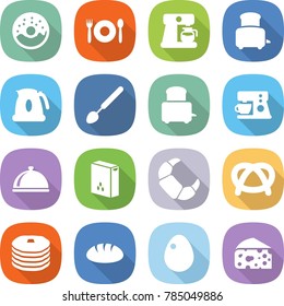 flat vector icon set - donut vector, cafe, coffee maker, toaster, kettle, big spoon, meal cap, cereals, croissant, pretzel, pancakes, bread, egg, cheese