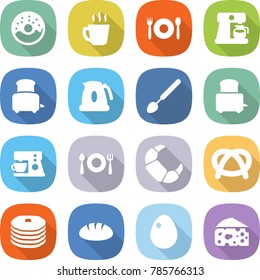 flat vector icon set - donut vector, hot drink, cafe, coffee maker, toaster, kettle, big spoon, fork plate, croissant, pretzel, pancakes, bread, egg, cheese