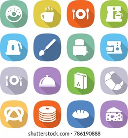 flat vector icon set - donut vector, hot drink, cafe, coffee maker, kettle, big spoon, toaster, fork plate, meal cap, cereals, croissant, pretzel, pancakes, bread, cheese