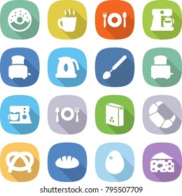 flat vector icon set - donut vector, hot drink, cafe, coffee maker, toaster, kettle, big spoon, fork plate, cereals, croissant, pretzel, bread, egg, cheese