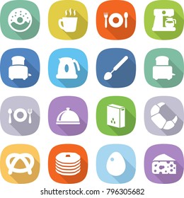 flat vector icon set - donut vector, hot drink, cafe, coffee maker, toaster, kettle, big spoon, fork plate, meal cap, cereals, croissant, pretzel, pancakes, egg, cheese