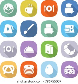flat vector icon set - donut vector, hot drink, cafe, toaster, kettle, big spoon, coffee maker, fork plate, meal cap, cereals, croissant, pretzel, pancakes, egg, cheese