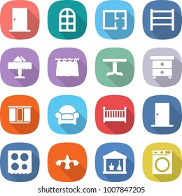 flat vector icon set - door vector, arch window, plan, rack, restaurant, curtain, table, nightstand, wardrobe, armchair, crib, hob, hard reach place cleaning, utility room, washing machine