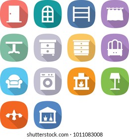 flat vector icon set - door vector, arch window, rack, curtain, table, nightstand, chest of drawers, dresser, armchair, washing machine, fireplace, floor lamp, hard reach place cleaning