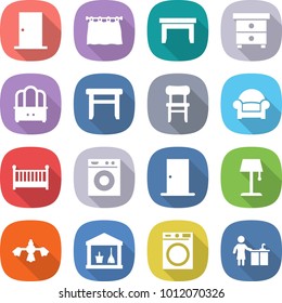 flat vector icon set - door vector, curtain, table, nightstand, dresser, stool, chair, armchair, crib, washing machine, floor lamp, hard reach place cleaning, utility room, kitchen