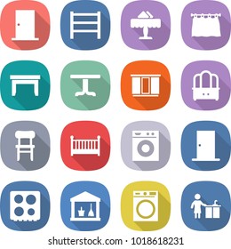 flat vector icon set - door vector, rack, restaurant, curtain, table, wardrobe, dresser, chair, crib, washing machine, hob, utility room, kitchen cleaning