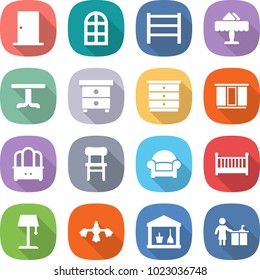flat vector icon set - door vector, arch window, rack, restaurant, table, nightstand, chest of drawers, wardrobe, dresser, chair, armchair, crib, floor lamp, hard reach place cleaning, utility room