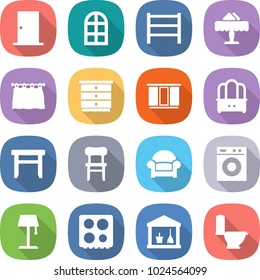 flat vector icon set - door vector, arch window, rack, restaurant, curtain, chest of drawers, wardrobe, dresser, stool, chair, armchair, washing machine, floor lamp, hob, utility room, toilet