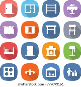 flat vector icon set - door vector, plan, rack, restaurant, curtain, wardrobe, stool, chair, crib, fireplace, floor lamp, hob, hard reach place cleaning, utility room, kitchen