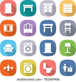 flat vector icon set - door vector, table, nightstand, chest of drawers, wardrobe, dresser, stool, chair, armchair, washing machine, floor lamp, hard reach place cleaning, toilet, kitchen
