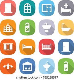 flat vector icon set - door vector, arch window, plan, hospital, hotel, do not distrub, sink, bath, wardrobe, bed, crib, hard reach place cleaning, utility room, water tap, please clean