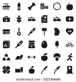 Flat vector icon set - double boiler vector, cereal, egg, mushroom, apple fruit, diet, barbell, heart pulse, bike, buttocks, water bottle, fitness mat, cereals, pool, first aid kit, bone, hoop, run