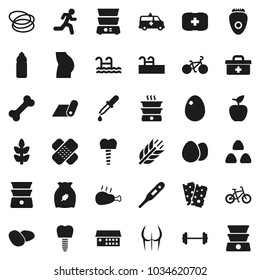 Flat vector icon set - double boiler vector, cereal, egg, potato, chicken leg, apple fruit, barbell, bike, buttocks, water bottle, fitness mat, cereals, breads, first aid kit, bone, hoop, run, patch