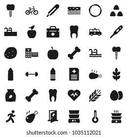 Flat vector icon set - double boiler vector, cereal, egg, potato, chicken leg, apple fruit, diet, barbell, heart pulse, bike, water bottle, cereals, breads, bone, hoop, run, doctor bag, thermometer