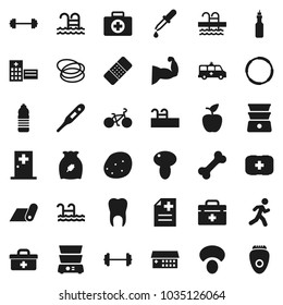 Flat vector icon set - double boiler vector, cereal, mushroom, potato, oil, apple fruit, barbell, bike, muscule hand, water bottle, fitness mat, pool, first aid kit, bone, hoop, run, doctor bag