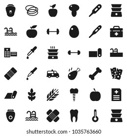Flat vector icon set - double boiler vector, egg, mushroom, chicken leg, apple fruit, diet, barbell, fitness mat, cereals, breads, pool, bone, hoop, doctor bag, thermometer, dropper, patch, tooth