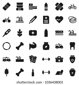 Flat vector icon set - double boiler vector, cereal, oil, barbell, heart pulse, bike, muscule hand, water bottle, fitness mat, cereals, breads, pool, first aid kit, bone, hoop, doctor bag, patch