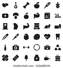 Flat vector icon set - double boiler vector, cereal, egg, mushroom, potato, chicken leg, oil, apple fruit, diet, barbell, heart pulse, muscule hand, buttocks, fitness mat, cereals, first aid kit