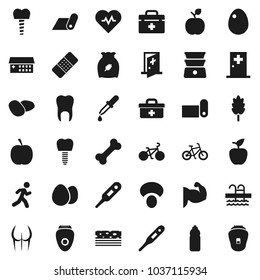 Flat vector icon set - double boiler vector, cereal, egg, mushroom, potato, apple fruit, diet, heart pulse, bike, muscule hand, buttocks, water bottle, fitness mat, breads, pool, bone, run, dropper