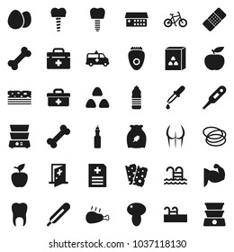 Flat vector icon set - double boiler vector, cereal, egg, mushroom, chicken leg, oil, apple fruit, diet, bike, muscule hand, buttocks, water bottle, breads, pool, bone, hoop, doctor bag, thermometer
