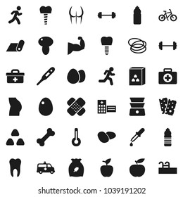 Flat vector icon set - double boiler vector, cereal, egg, mushroom, potato, apple fruit, diet, barbell, bike, muscule hand, buttocks, water bottle, fitness mat, breads, first aid kit, bone, hoop