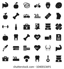 Flat vector icon set - double boiler vector, mushroom, potato, oil, apple fruit, diet, barbell, heart pulse, bike, muscule hand, buttocks, fitness mat, bone, hoop, doctor bag, thermometer, dropper