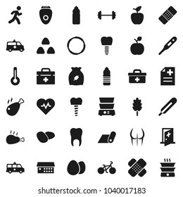 Flat vector icon set - double boiler vector, cereal, egg, potato, chicken leg, apple fruit, barbell, heart pulse, bike, buttocks, water bottle, fitness mat, hoop, run, doctor bag, thermometer, patch