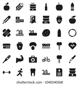 Flat vector icon set - double boiler vector, mushroom, potato, oil, apple fruit, diet, barbell, heart pulse, bike, muscule hand, water bottle, cereals, breads, pool, first aid kit, hoop, run, patch