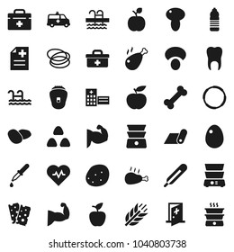 Flat vector icon set - double boiler vector, cereal, egg, mushroom, potato, chicken leg, apple fruit, diet, heart pulse, muscule hand, water bottle, fitness mat, cereals, breads, pool, bone, hoop