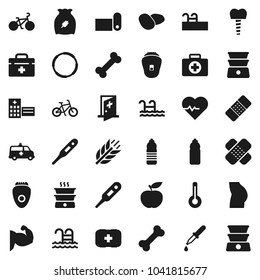 Flat vector icon set - double boiler vector, cereal, potato, diet, heart pulse, bike, muscule hand, buttocks, water bottle, fitness mat, cereals, pool, first aid kit, bone, hoop, doctor bag, dropper