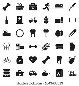 Flat vector icon set - double boiler vector, cereal, egg, chicken leg, oil, barbell, heart pulse, bike, buttocks, fitness mat, cereals, breads, pool, bone, hoop, run, doctor bag, thermometer, tooth