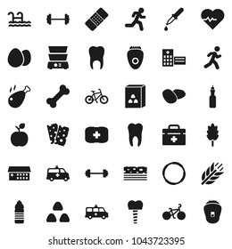 Flat vector icon set - double boiler vector, cereal, egg, potato, chicken leg, oil, apple fruit, barbell, heart pulse, bike, water bottle, cereals, breads, first aid kit, bone, hoop, run, doctor bag